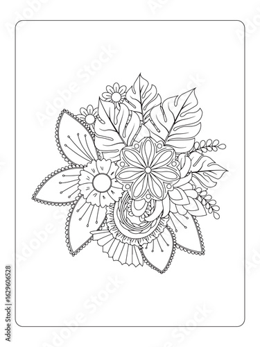 Black and white flower pattern for coloring. Doodle floral drawing. For adult and kids. Doodle floral drawing. Art therapy coloring page. Simple coloring flower page.