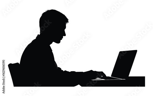 Silhouette of a man working on a laptop, showcasing modern technology and digital lifestyle, isolated on white background