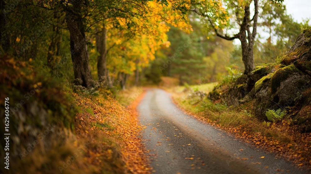Obraz premium Golden autumn path through a serene Swedish forest with scattered leaves.