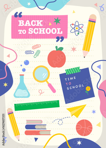 Colorful back to school illustration with school supplies and science elements. Playful education-themed design perfect for banners, posters, and classroom decorations.