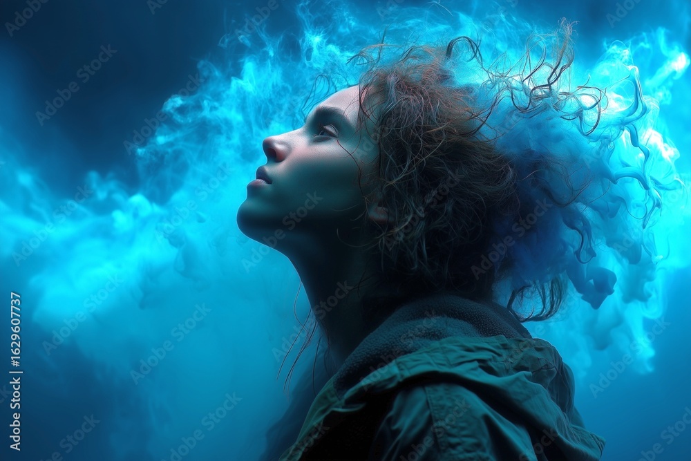 Fototapeta premium Mystical Woman in Ethereal Blue Haze