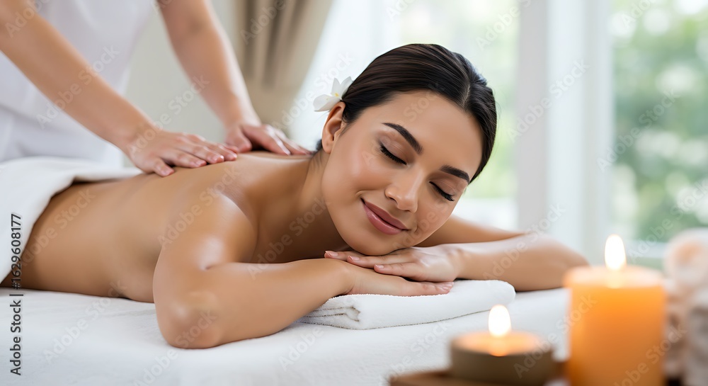 Woman enjoying a relaxing back massage at a wellness spa center Woman enjoying a relaxing back massage at a wellness spa center