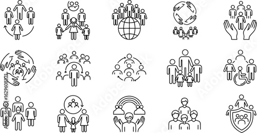 Vector art of a collection of line icons representing people, community, and social interaction, isolated on white background transparent background