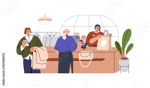 Woman customer at counter desk in fashion boutique store. Checkout, buying and paying for clothes, shop assistant packing purchase in bag. Flat vector illustration isolated on white background