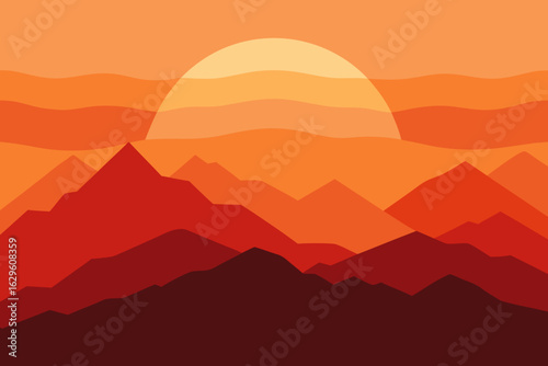 Vibrant sunset over layered mountain peaks