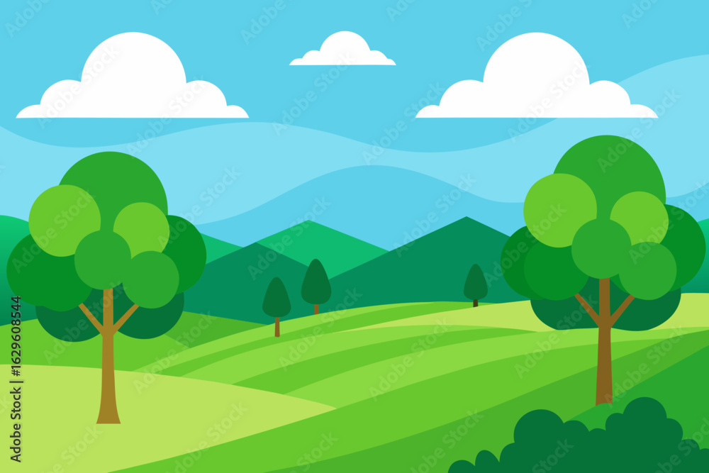 Fototapeta premium Stylized green rolling hills with trees and clouds under a blue sky