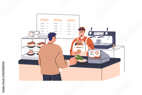 Bakery shop checkout. Customer buying takeaway desserts and takeout pastries, paying by cash. Payment at counter, check-out in cafe, coffeehouse. Flat vector illustration isolated on white background