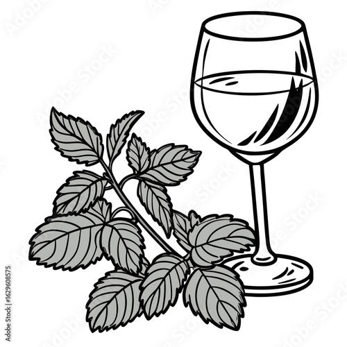 Wine glass with mint leaves isolated on white background, a refreshing drink