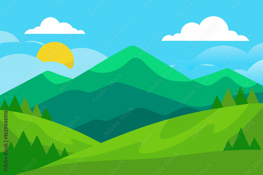 Obraz premium Vibrant flat design landscape with rolling green hills and mountains under a sunny sky