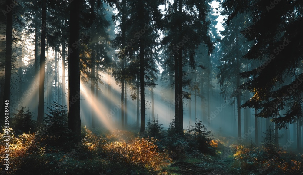 Obraz premium Ethereal misty forest with tall trees and sun rays shining through the fog at sunrise, tranquil nature landscape with soft light and atmospheric mood in the early morning woodland scenery