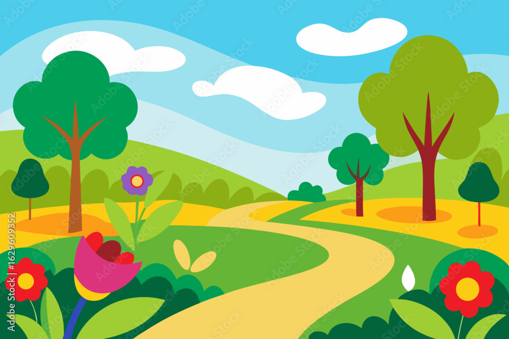 Fototapeta premium Vibrant cartoon landscape with winding path and blooming flowers