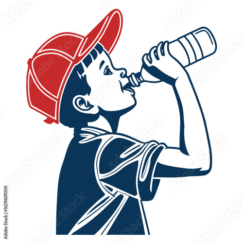 Young boy wearing a red baseball cap drinks from a bottle in a stylized illustration