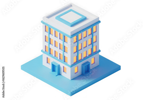 3d icon of modern isometric office building with blue and white facade, yellow windows, and blue base, isolated on transparent background