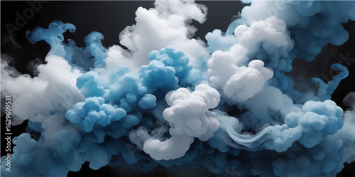 Bright clouds float in the blue sky, with a hazy, smoky haze blending into the atmosphere