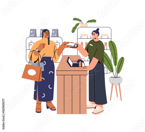 Paying with mobile phone at checkout, cashier desk in boutique store. Woman customer buying, contactless smartphone payment at shop counter. Flat vector illustration isolated on white background