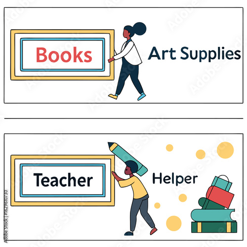 Illustration showing books and art supplies with people and teacher and helper with pencil and books stack
