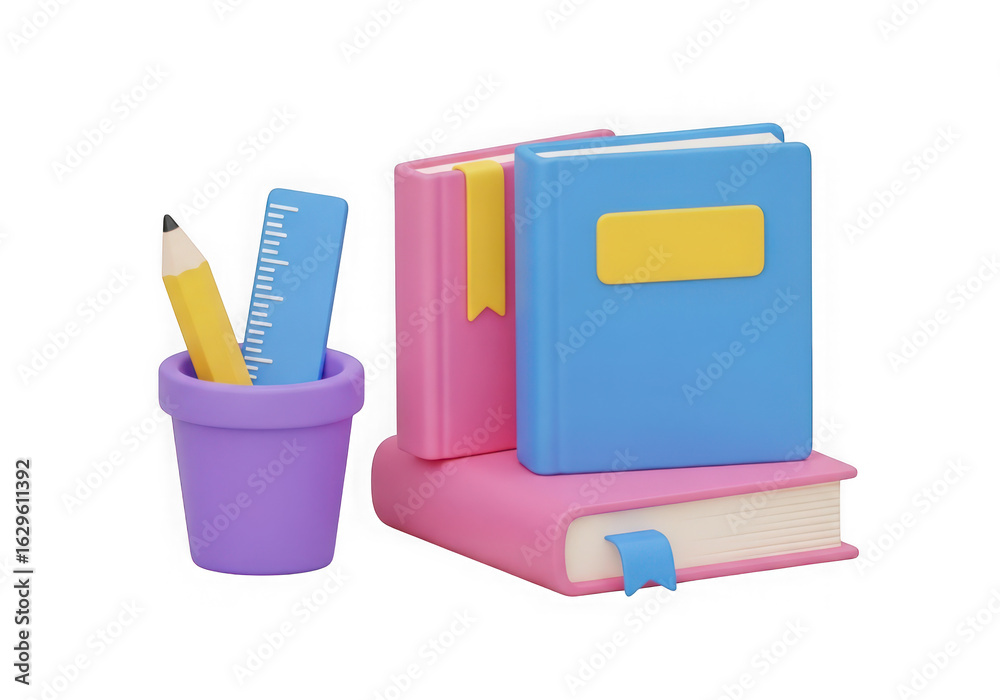 custom made wallpaper toronto digital3d icon of stack of colorful books with a pencil and ruler in a pot isolated on transparent background
