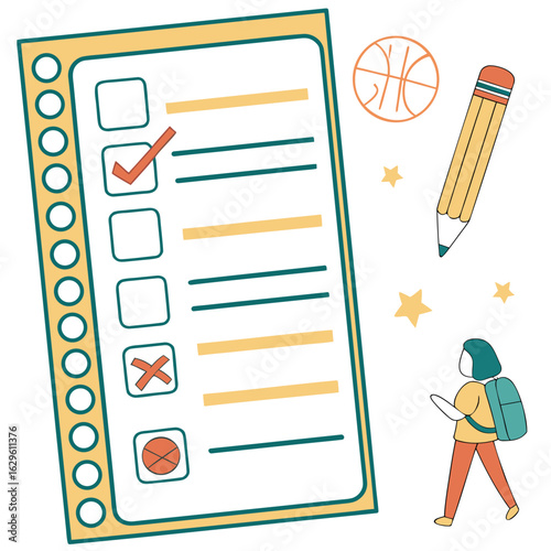 Illustration of a checklist with checkmarks, a pencil, a basketball, stars, and a student walking 100 char