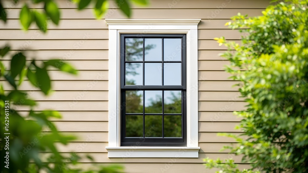 Fototapeta premium Classic double hung window framed by lush green foliage