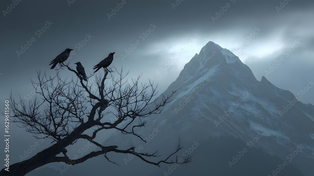 Fototapeta premium Dark and moody mountain backdrop with a barren tree and three crows in the foreground