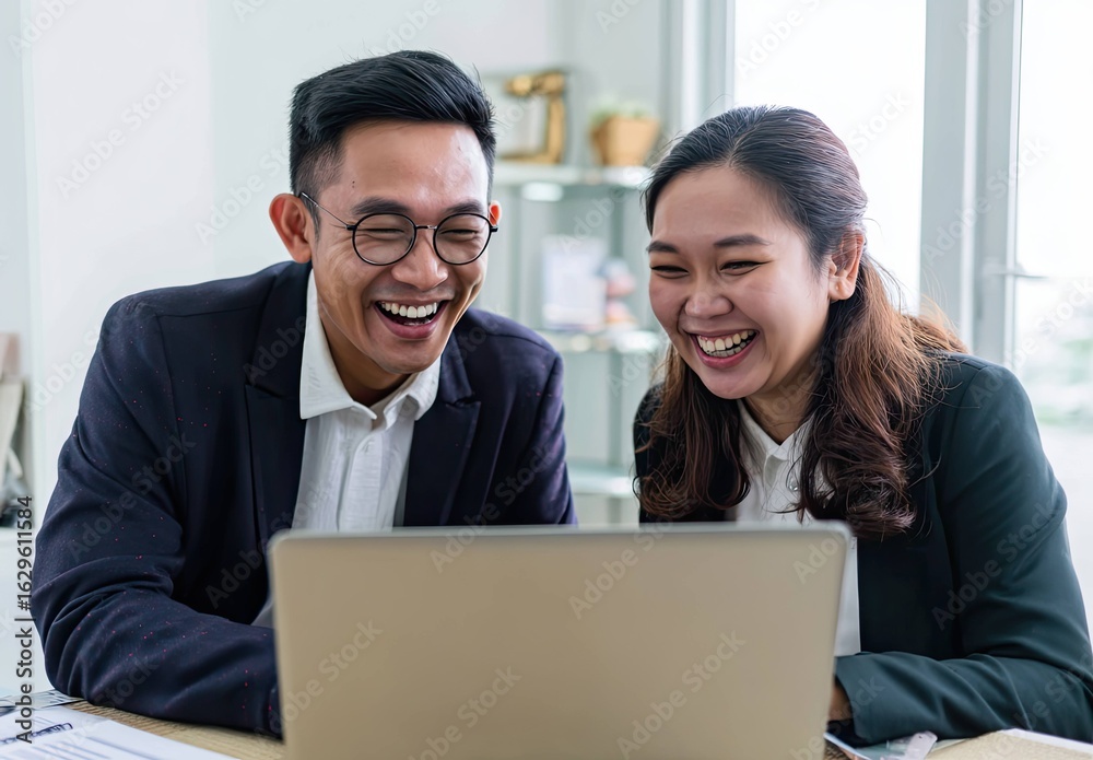 Obraz premium Young Asian Professionals Collaborate in a Bright Modern Office with Engaging Digital Tools