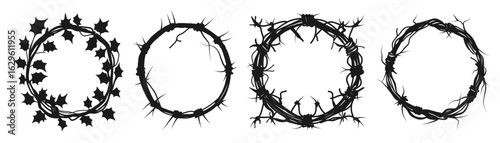 A set of round barbed frames made of silhouettes of dry revelers and vines. Halloween frame with copyspace, nature, horror. For sale, poster, invitation. Vector EPS10