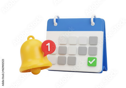 3d icon of 3d calendar with a notification bell and a checkmark isolated on transparent background