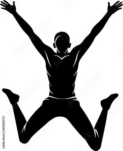 Silhouette of athletic man jumping with arms raised in victory celebration pose