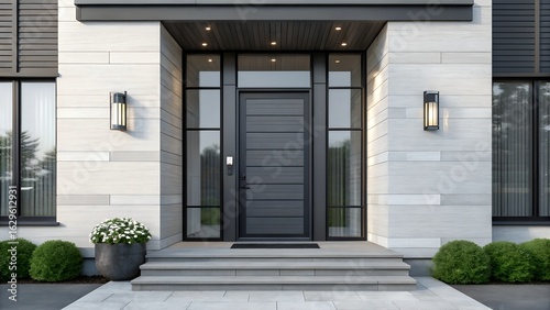 Modern luxury home entrance with sleek dark door and stone facade