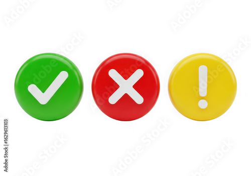 3d icon of green check mark, red cross, and yellow exclamation mark icons isolated on transparent background