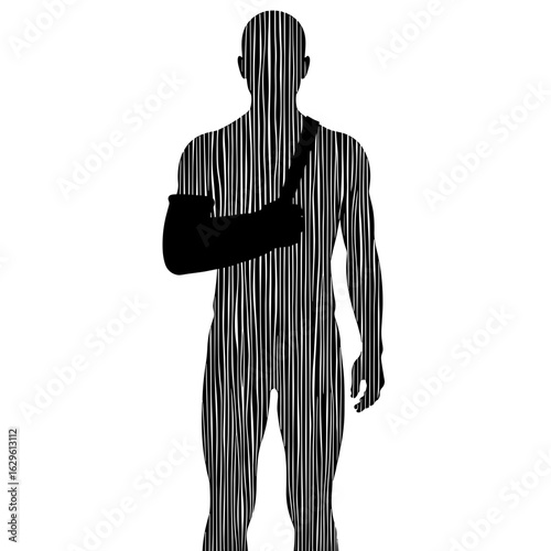 Abstract silhouette of person with arm in sling, injury and recovery concept