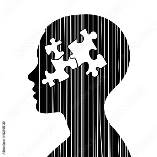Puzzle head illustration with vertical lines, symbolizing autism awareness and mental health