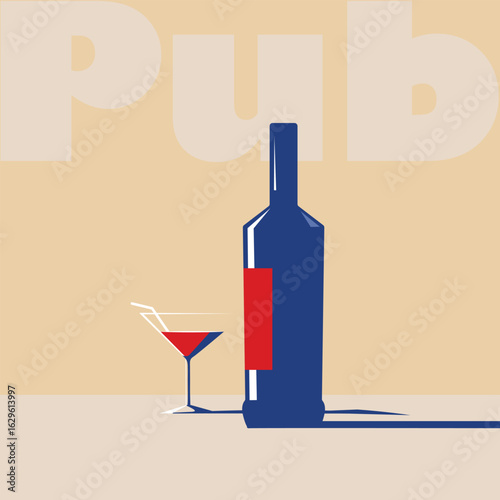 Pub banner, rectangular format, vector flat design, wine bottle and glass, shadows. Party poster, decor alcohol shops, kitchen, red wine, chardonnay, liqueur, martini