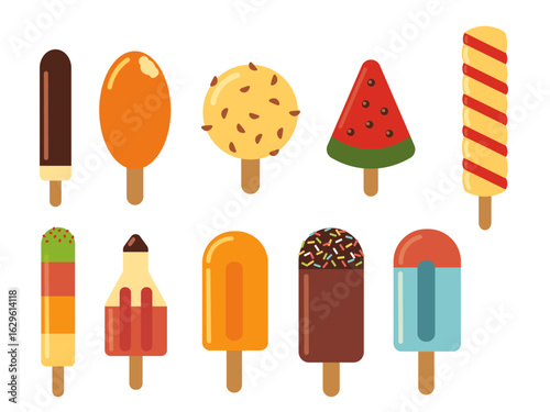 2D colored isolated vector popsicles and ice cream