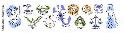 Twelve zodiac signs set. 12 constellations of horoscope in doodle style. Sketches of star calendar: Gemini, Leo, Scorpio. Astrology. Flat isolated hand drawn vector illustrations on white background