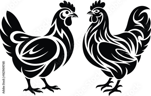 Tribal rooster chicken line art silhouette vector illustration isolated black stylized animal