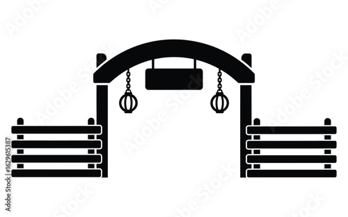 Rustic ranch entrance gate with hanging decorative balls and a blank sign, isolated on white background, evoking a vintage country charm