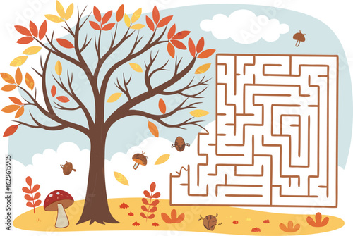 Cartoon illustration of a tree with autumn leaves next to a maze and mushroom on a cloudy background