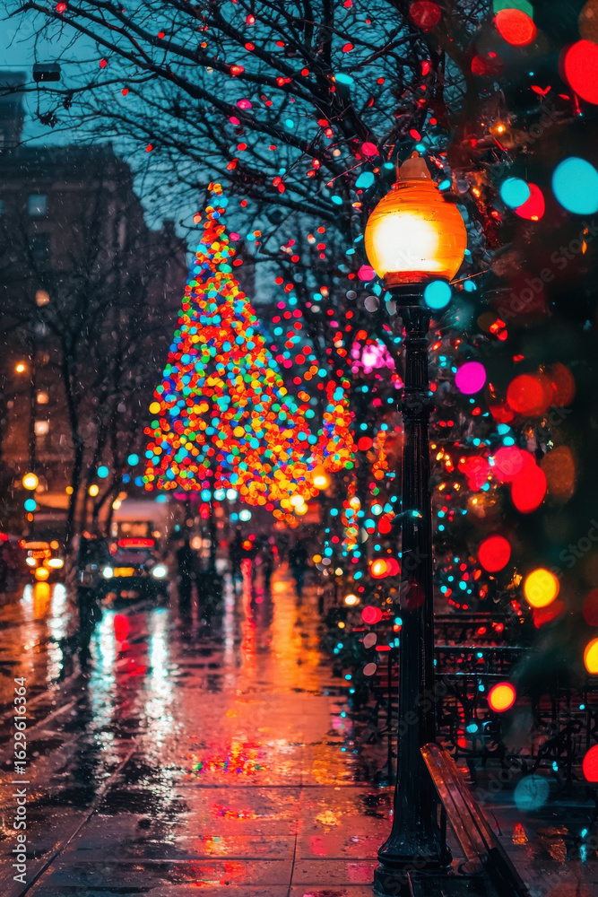 Obraz premium Christmas tree and street light on wet pavement during snowfall. Holiday illumination city night view for greeting card.