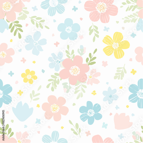 Flower pattern. Pastel floral seamless background. Watercolor or chalk spring abstract vector print. Cute floral design.