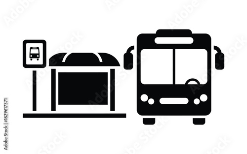Bus and bus station icon isolated on white background, representing public transportation, city travel, and urban commuting with a modern design