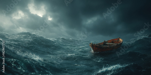 A Stormy Sea and A Lonely Boat: A solitary rowboat battles relentless waves, enveloped by a tempestuous sky, portraying a scene of struggle and solitude.