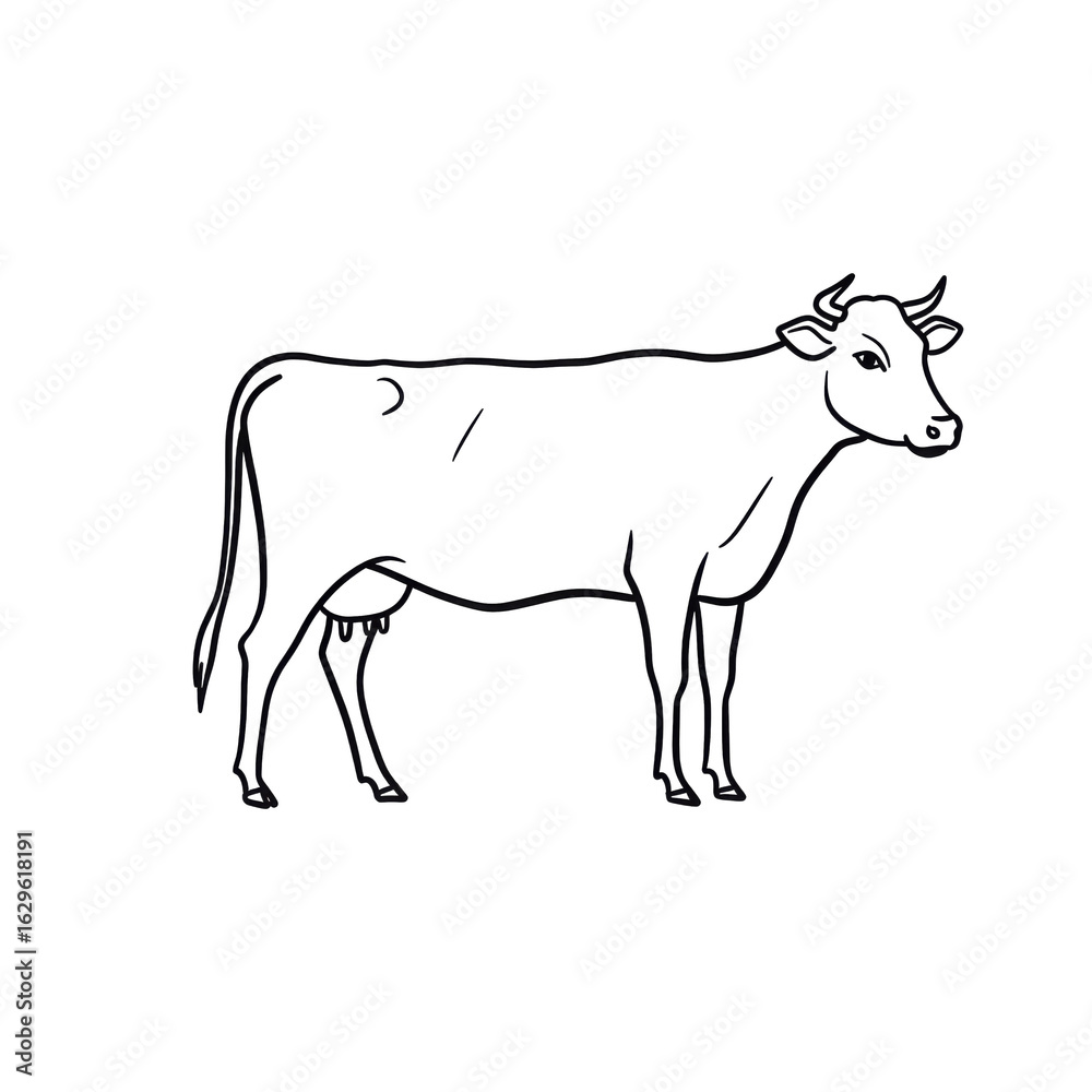 Fototapeta premium Simple linear sketch of a cow in minimalist style, in black and white