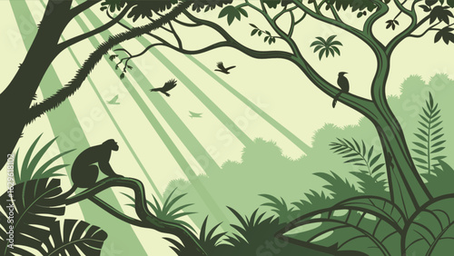 Explore the lush jungle landscape vector illustration with monkey and birds silhouette background art