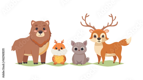 Cute cartoon animals illustration featuring bear squirrel wolf and deer vector graphic design for kids art