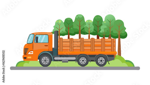 Orange logging truck carrying timber and trees vector illustration for forestry and transportation needs