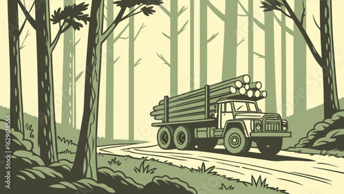 Illustration of logging truck transporting timber through forest landscape vector graphic design art