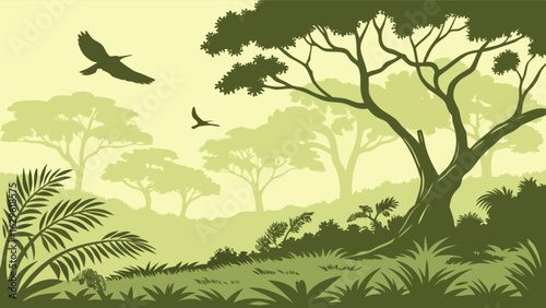 Explore the serene african savanna landscape with birds and trees vector background illustration art