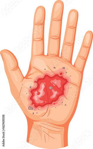 Vector illustration of a severe hand injury showing a red inflamed wound with debris on the open palm.