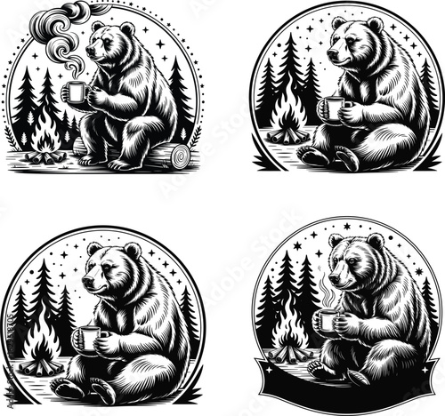 A black and white illustration of a grizzly bear sitting upright, holding a steaming coffee mug with steam rising upward in a wavy pattern